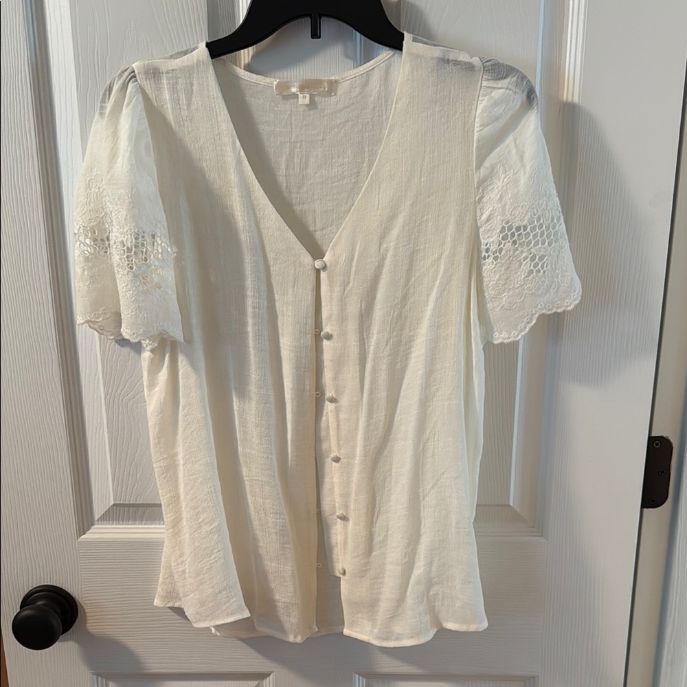 LoveShackFancy Cream Fitted Buttoned Blouse with Lace Sleeves